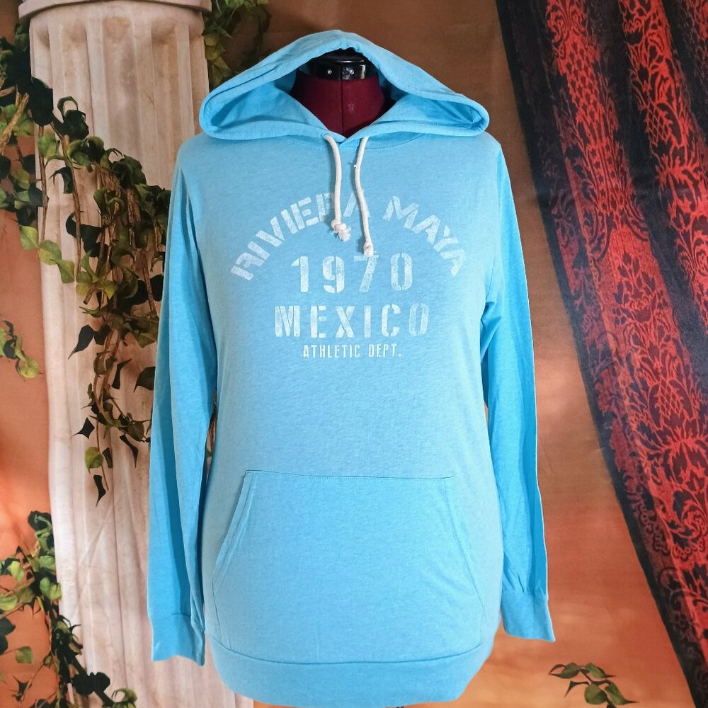 EUC Caribbean Side Sz XL Aqua Riviera Maya Mexico 1970 Athletic Graphic Hoodie
